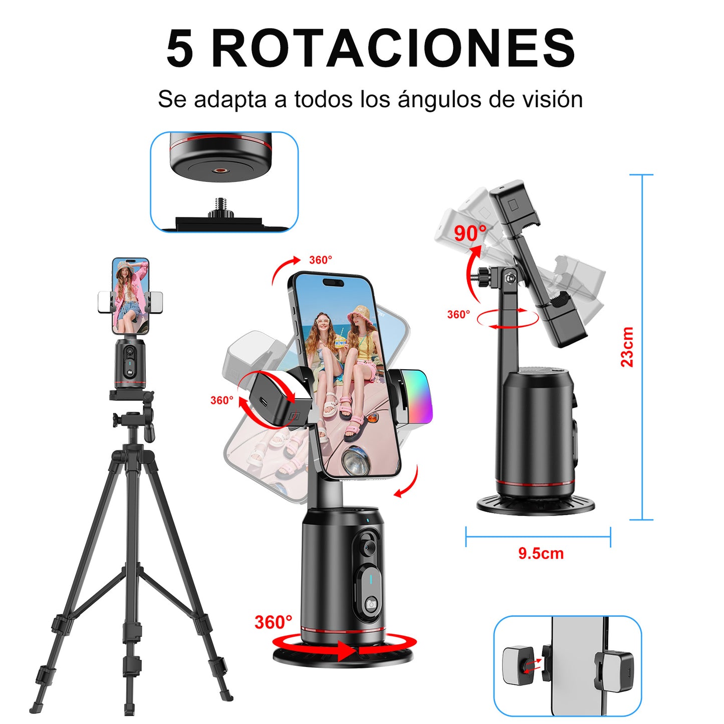 KOSCHEAL AI Tracking Phone Stabilizer with RGB Fill Light, 360° Rotation & Gesture Control