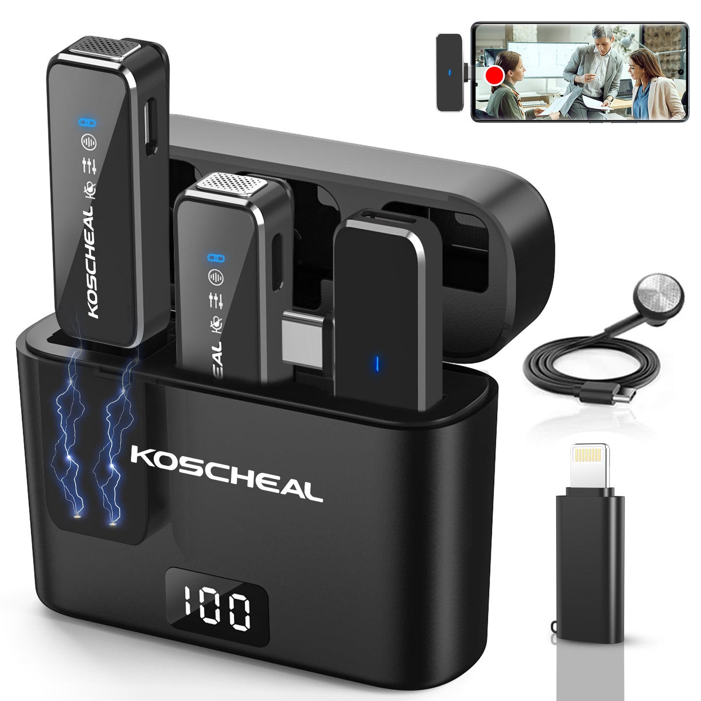 KOSCHEAL Wireless Lavalier Microphone with Noise Cancellation & Charging Case