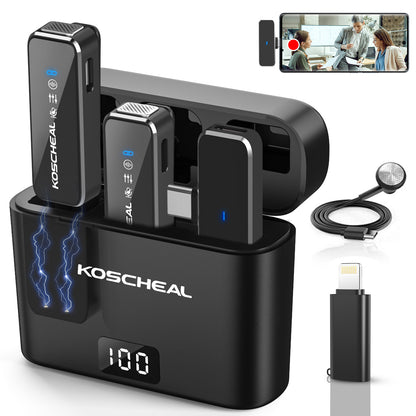 KOSCHEAL Wireless Lavalier Microphone with Noise Cancellation & Charging Case